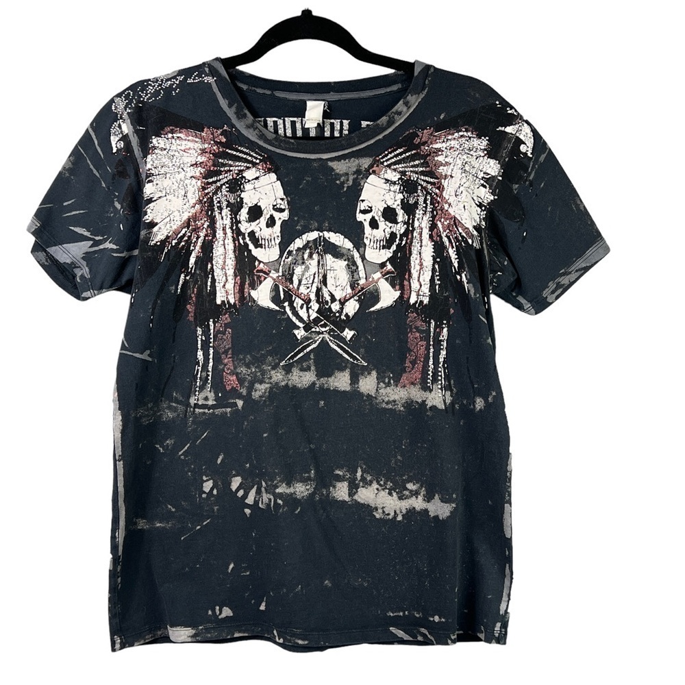 Vintage 3Pistols T-Shirt Hand Made Skulls Metal Beading Embossed Size Medium